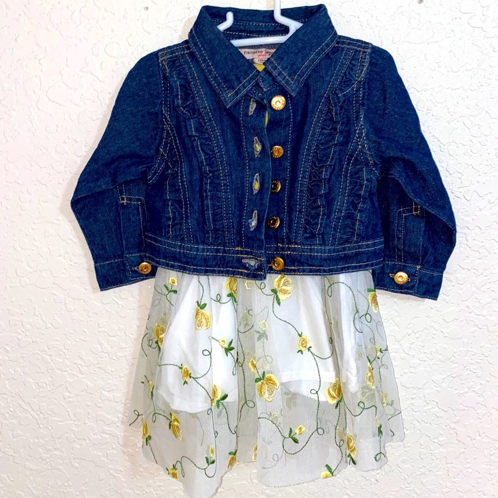Yellow floral dress with denim jacket